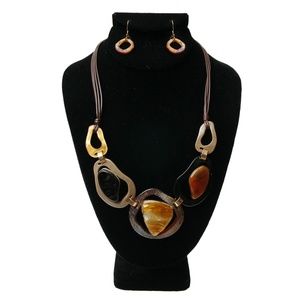 Swirled Brown Acrylic & Leather Cord Necklace Set